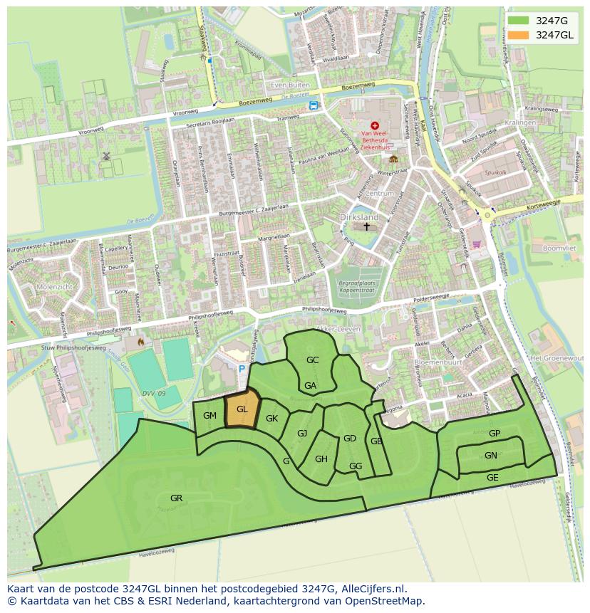 Afbeelding van het postcodegebied 3247 GL op de kaart.
