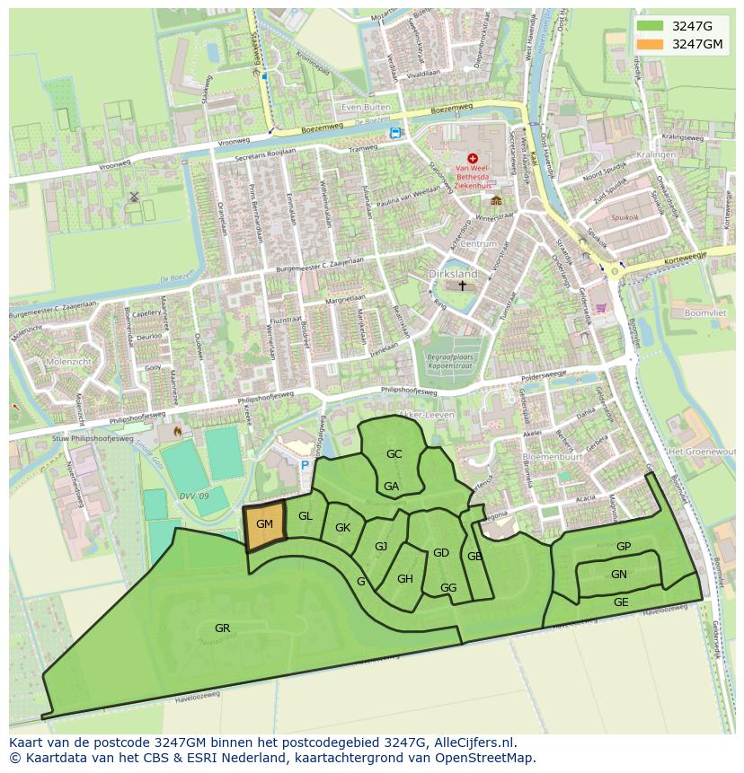 Afbeelding van het postcodegebied 3247 GM op de kaart.