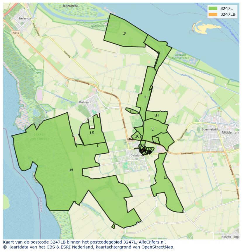 Afbeelding van het postcodegebied 3247 LB op de kaart.