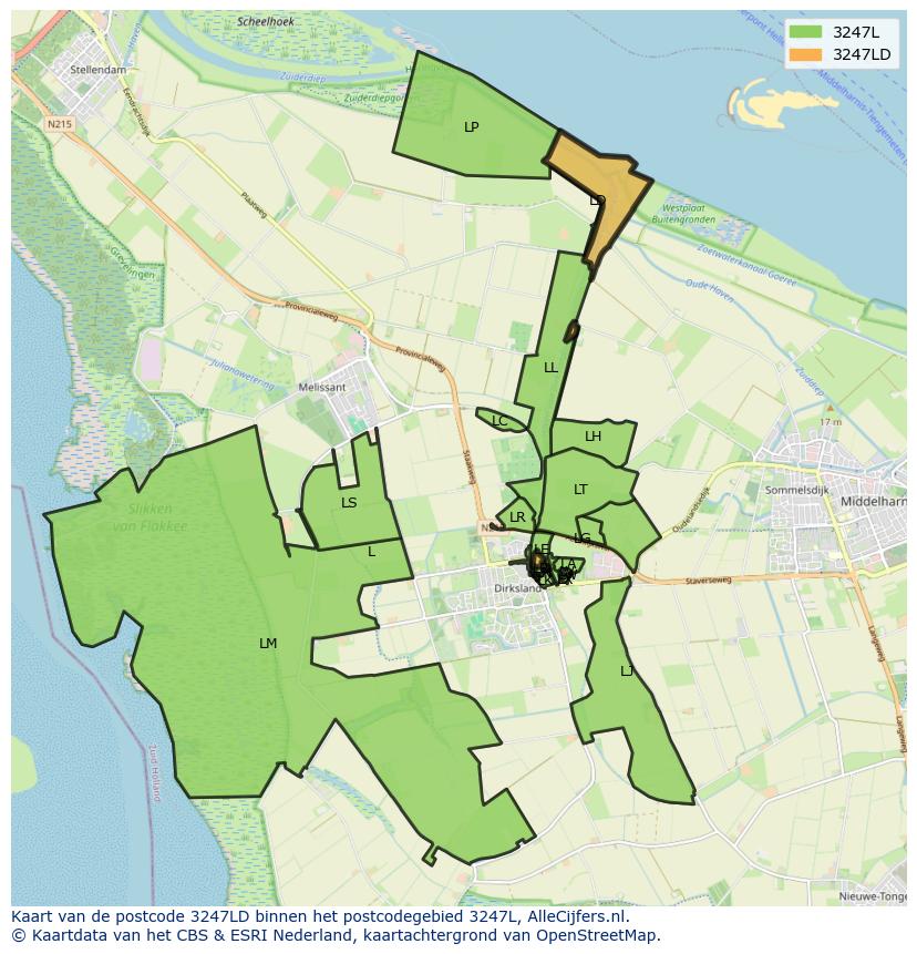 Afbeelding van het postcodegebied 3247 LD op de kaart.