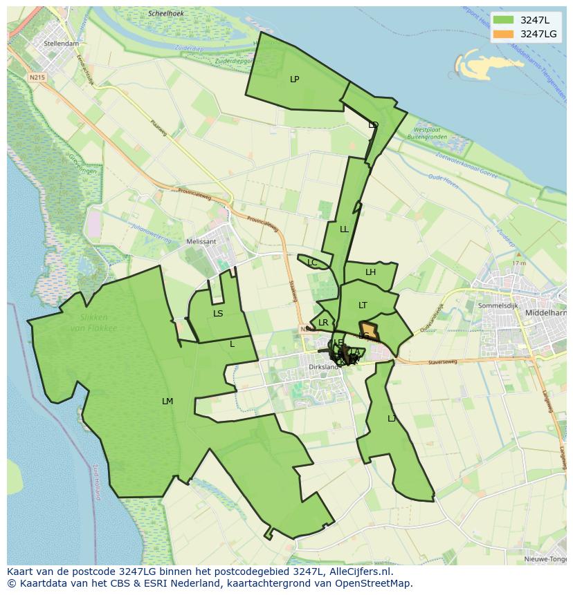 Afbeelding van het postcodegebied 3247 LG op de kaart.