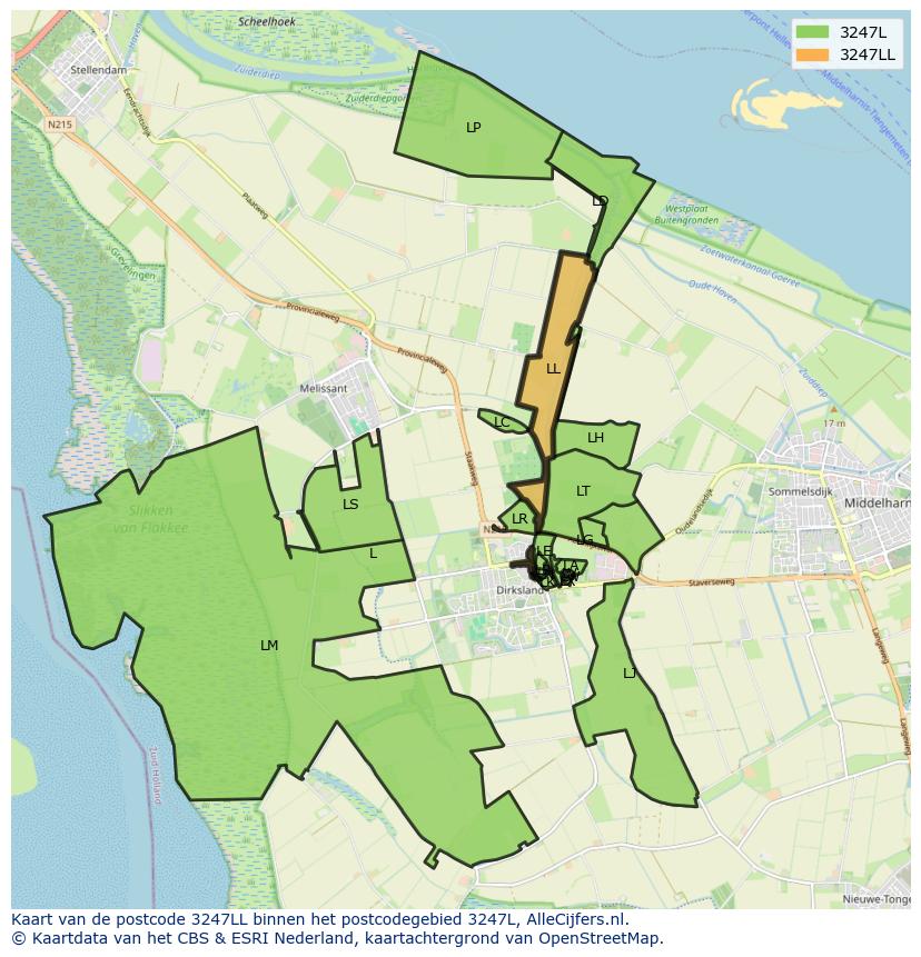 Afbeelding van het postcodegebied 3247 LL op de kaart.