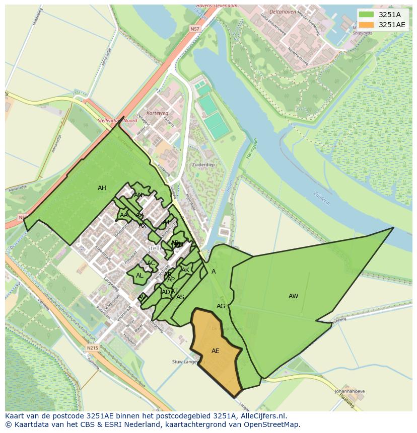 Afbeelding van het postcodegebied 3251 AE op de kaart.