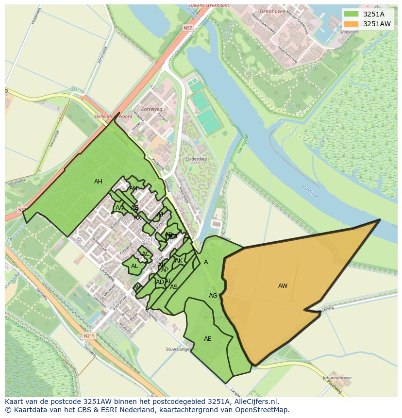 Afbeelding van het postcodegebied 3251 AW op de kaart.