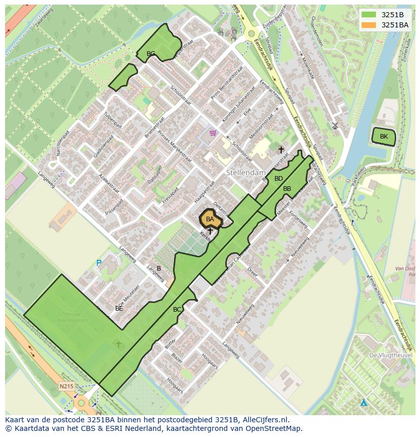 Afbeelding van het postcodegebied 3251 BA op de kaart.