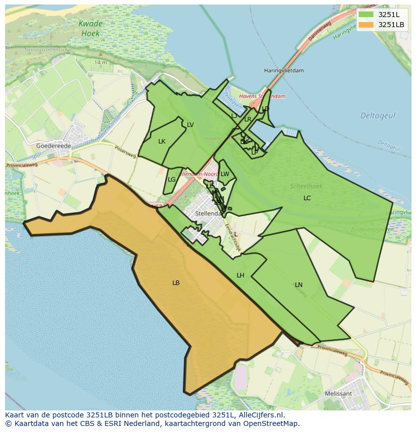Afbeelding van het postcodegebied 3251 LB op de kaart.