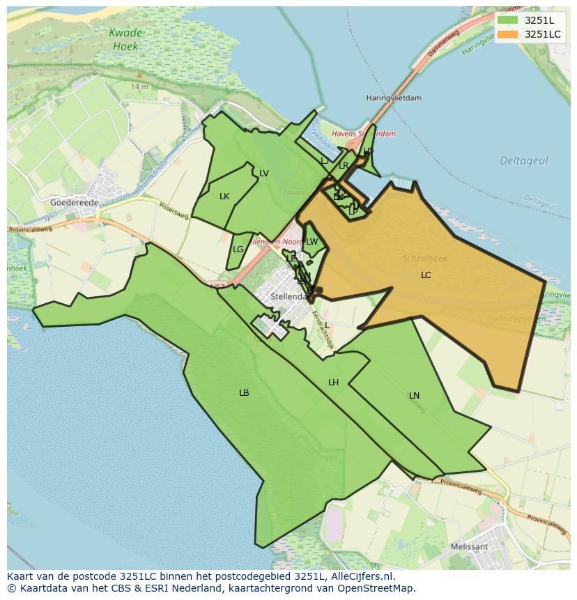 Afbeelding van het postcodegebied 3251 LC op de kaart.