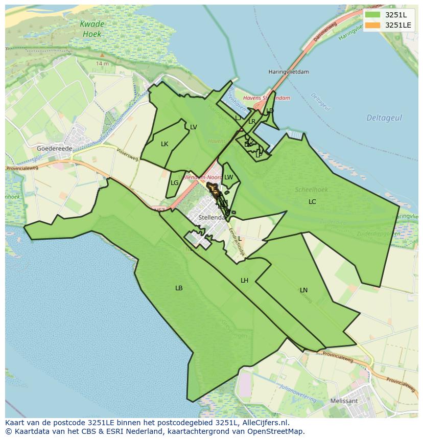 Afbeelding van het postcodegebied 3251 LE op de kaart.