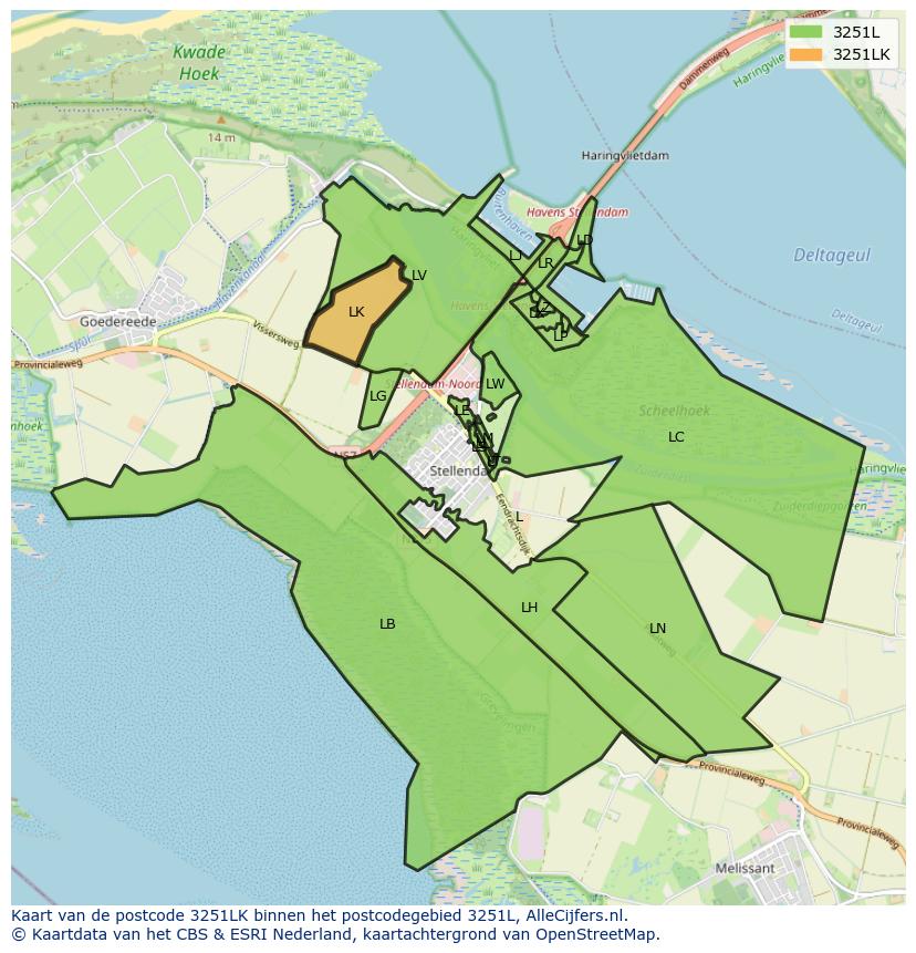 Afbeelding van het postcodegebied 3251 LK op de kaart.