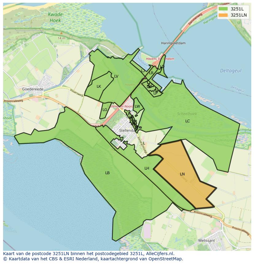 Afbeelding van het postcodegebied 3251 LN op de kaart.