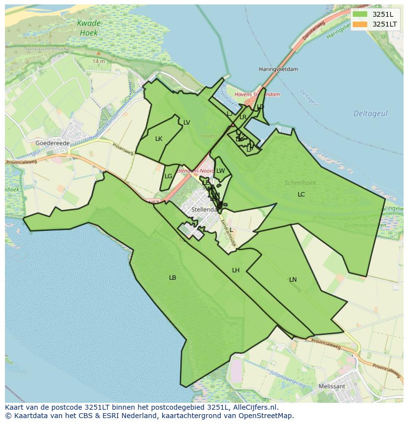 Afbeelding van het postcodegebied 3251 LT op de kaart.