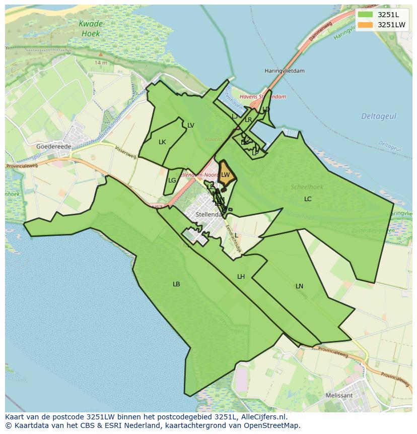 Afbeelding van het postcodegebied 3251 LW op de kaart.