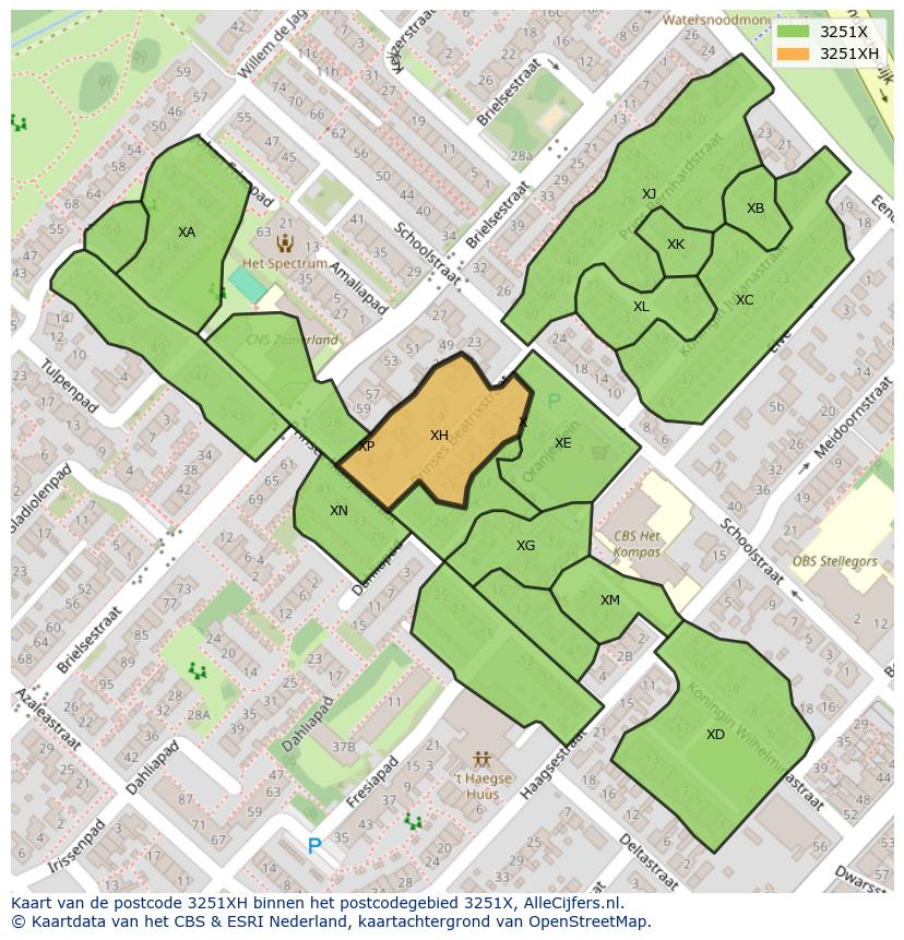 Afbeelding van het postcodegebied 3251 XH op de kaart.