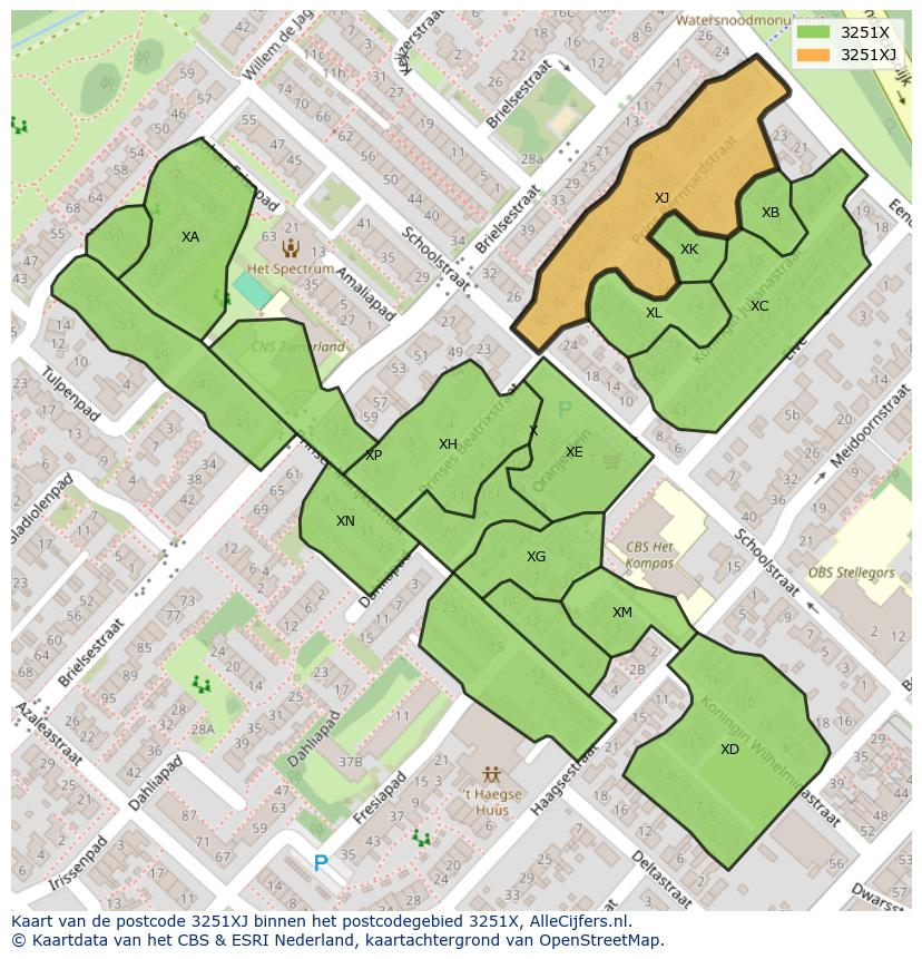 Afbeelding van het postcodegebied 3251 XJ op de kaart.
