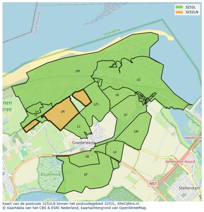 Afbeelding van het postcodegebied 3252 LN op de kaart.