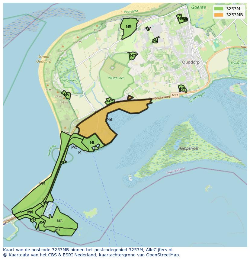 Afbeelding van het postcodegebied 3253 MB op de kaart.
