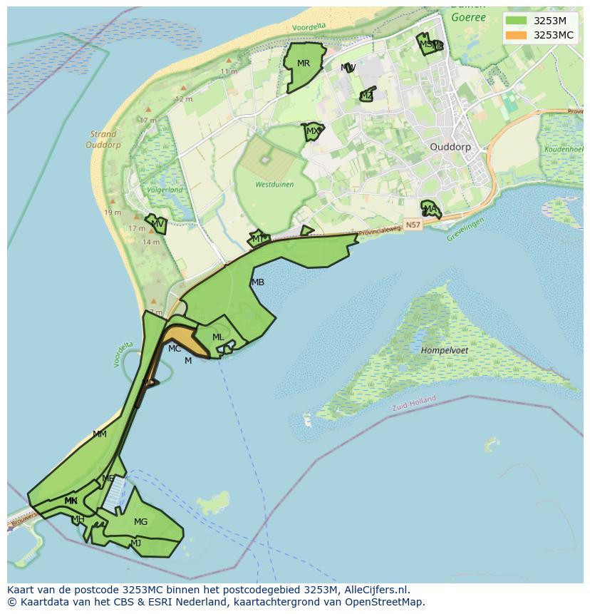 Afbeelding van het postcodegebied 3253 MC op de kaart.