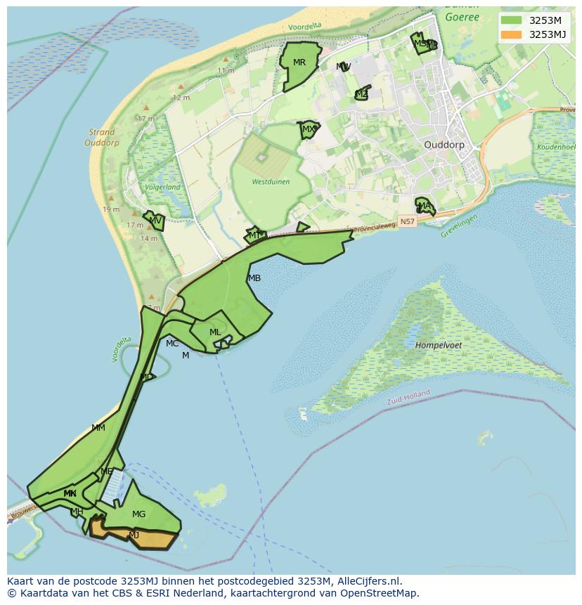 Afbeelding van het postcodegebied 3253 MJ op de kaart.