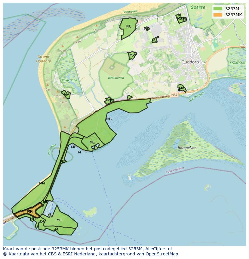 Afbeelding van het postcodegebied 3253 MK op de kaart.