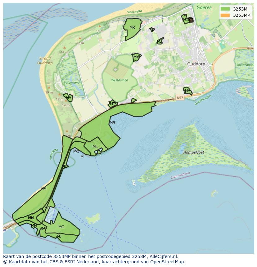 Afbeelding van het postcodegebied 3253 MP op de kaart.