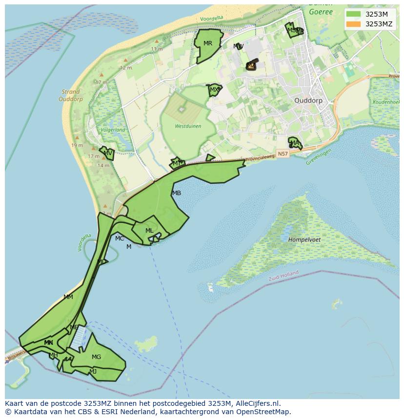 Afbeelding van het postcodegebied 3253 MZ op de kaart.