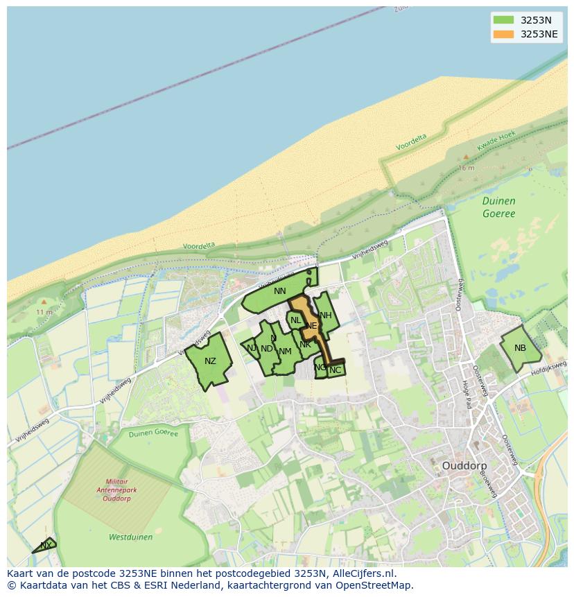 Afbeelding van het postcodegebied 3253 NE op de kaart.