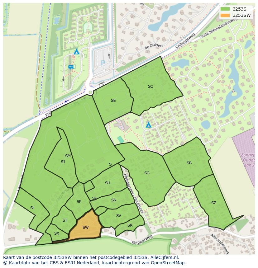 Afbeelding van het postcodegebied 3253 SW op de kaart.