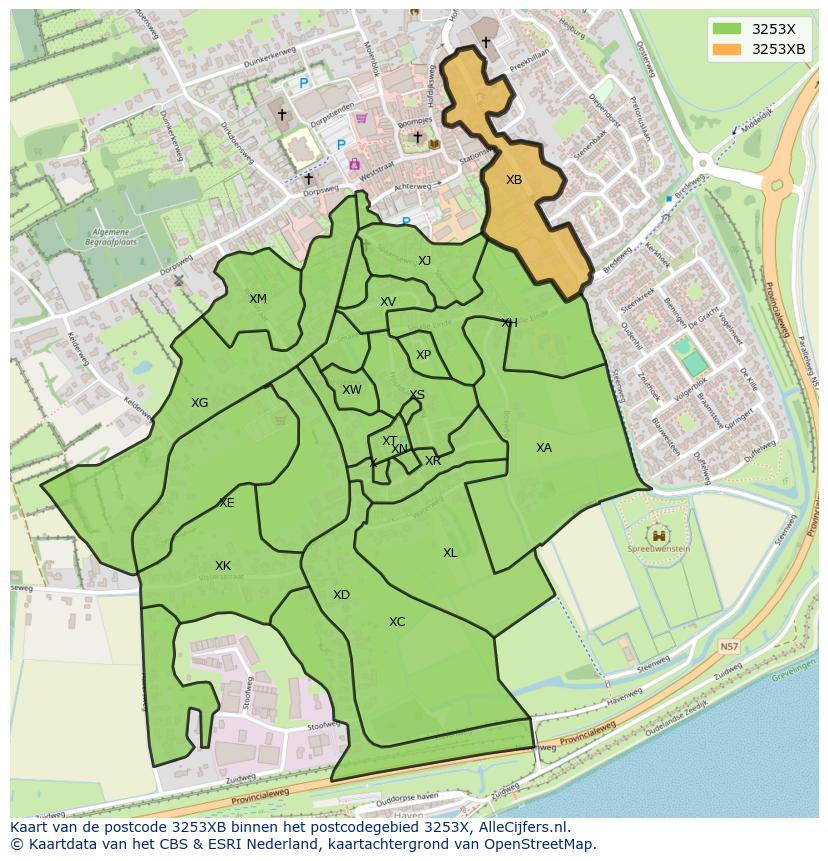 Afbeelding van het postcodegebied 3253 XB op de kaart.