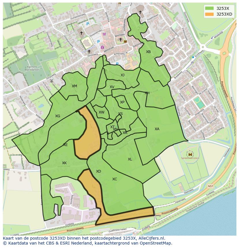 Afbeelding van het postcodegebied 3253 XD op de kaart.