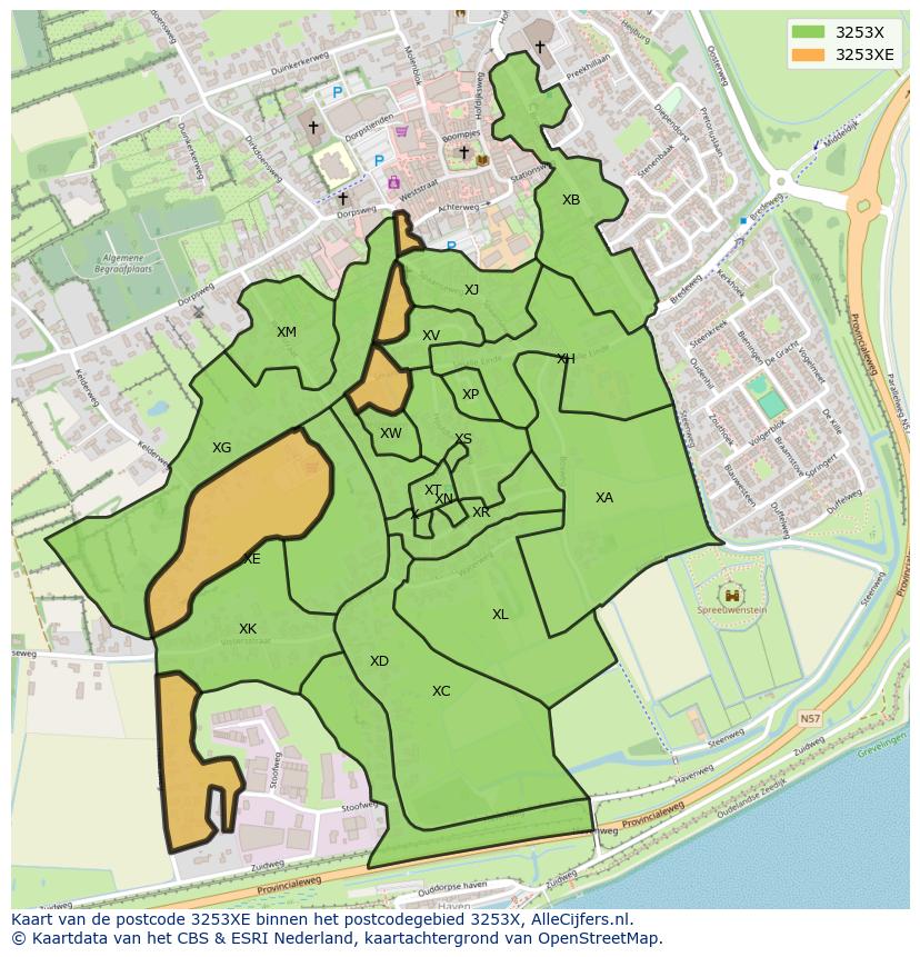 Afbeelding van het postcodegebied 3253 XE op de kaart.