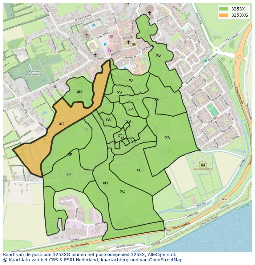 Afbeelding van het postcodegebied 3253 XG op de kaart.