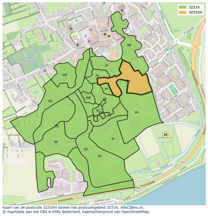 Afbeelding van het postcodegebied 3253 XH op de kaart.