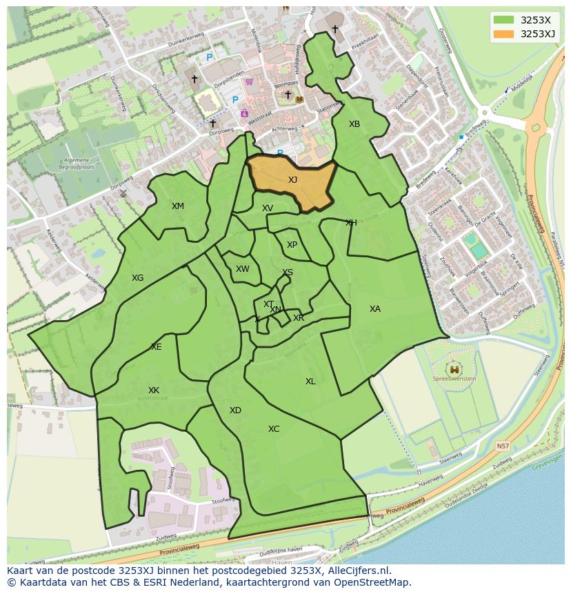 Afbeelding van het postcodegebied 3253 XJ op de kaart.