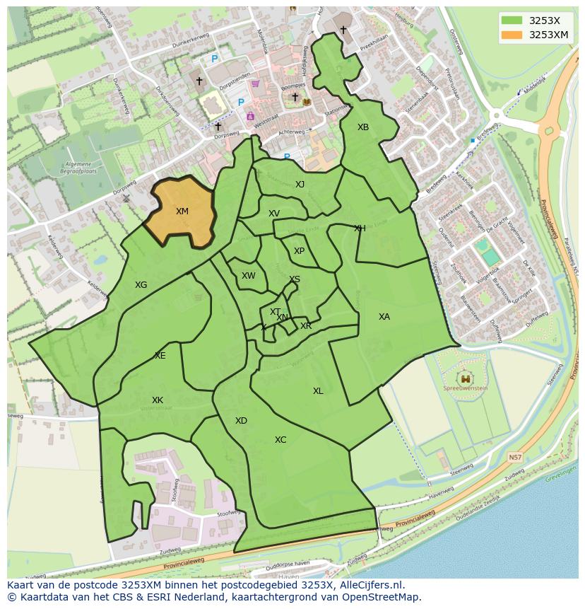 Afbeelding van het postcodegebied 3253 XM op de kaart.