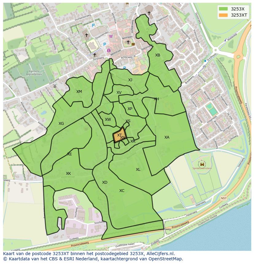 Afbeelding van het postcodegebied 3253 XT op de kaart.