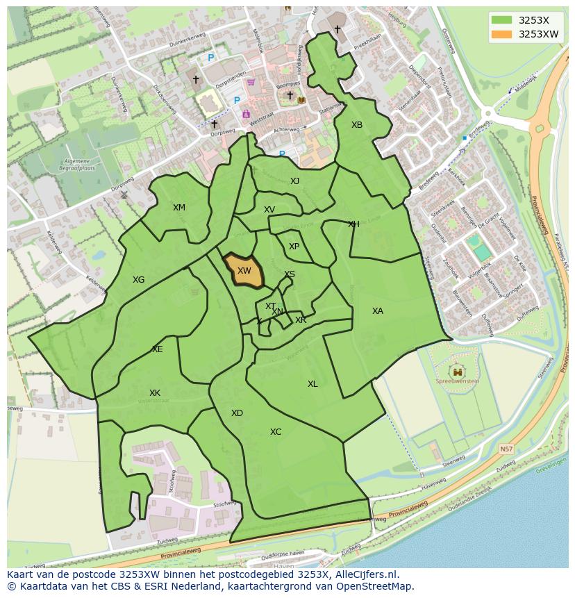 Afbeelding van het postcodegebied 3253 XW op de kaart.