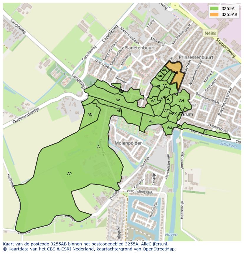 Afbeelding van het postcodegebied 3255 AB op de kaart.