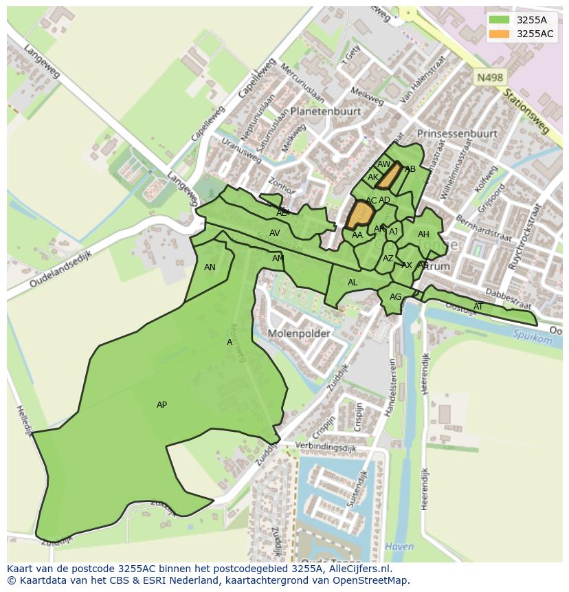 Afbeelding van het postcodegebied 3255 AC op de kaart.