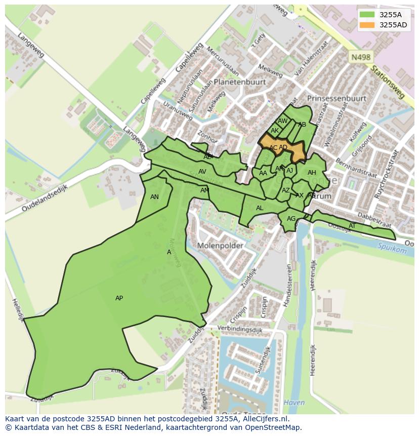 Afbeelding van het postcodegebied 3255 AD op de kaart.