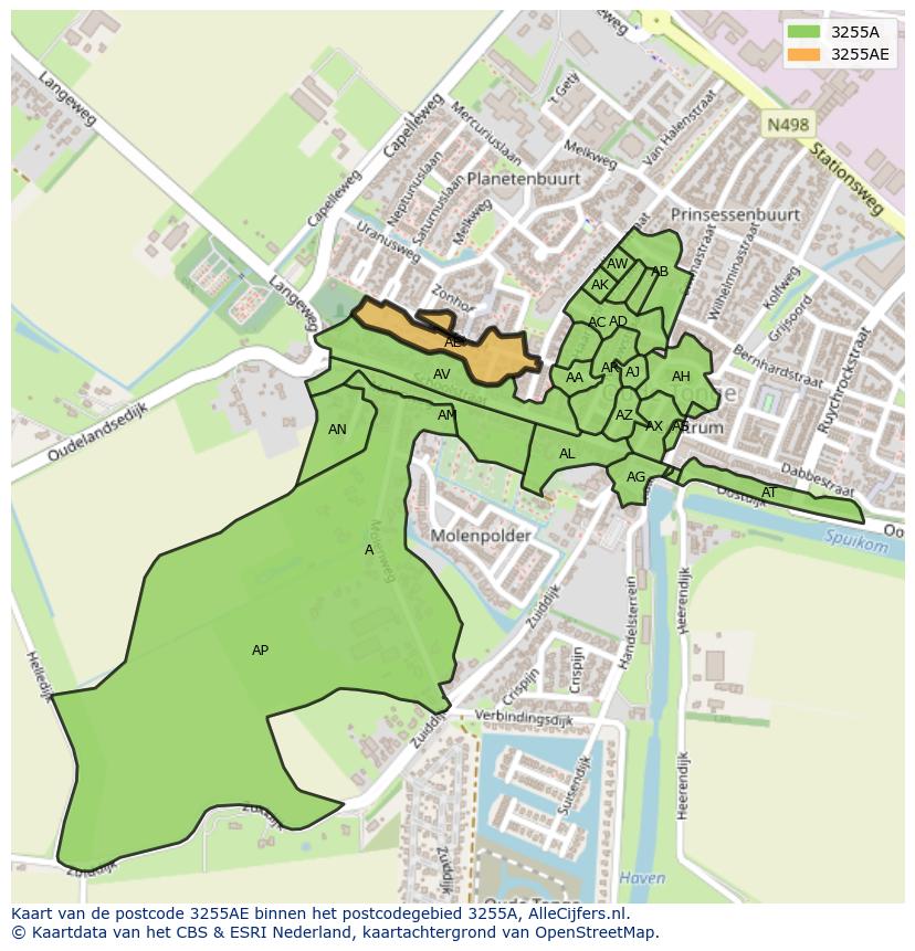 Afbeelding van het postcodegebied 3255 AE op de kaart.