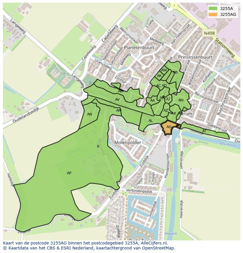 Afbeelding van het postcodegebied 3255 AG op de kaart.