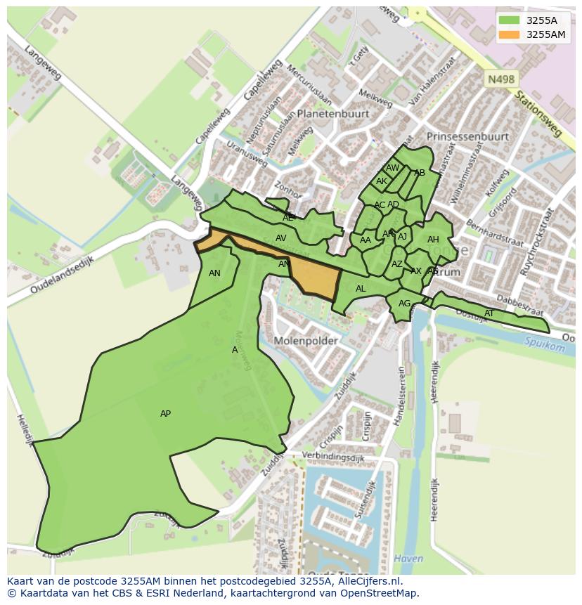 Afbeelding van het postcodegebied 3255 AM op de kaart.