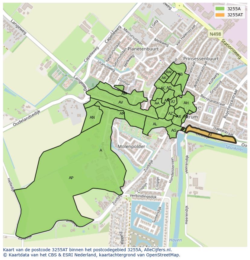 Afbeelding van het postcodegebied 3255 AT op de kaart.