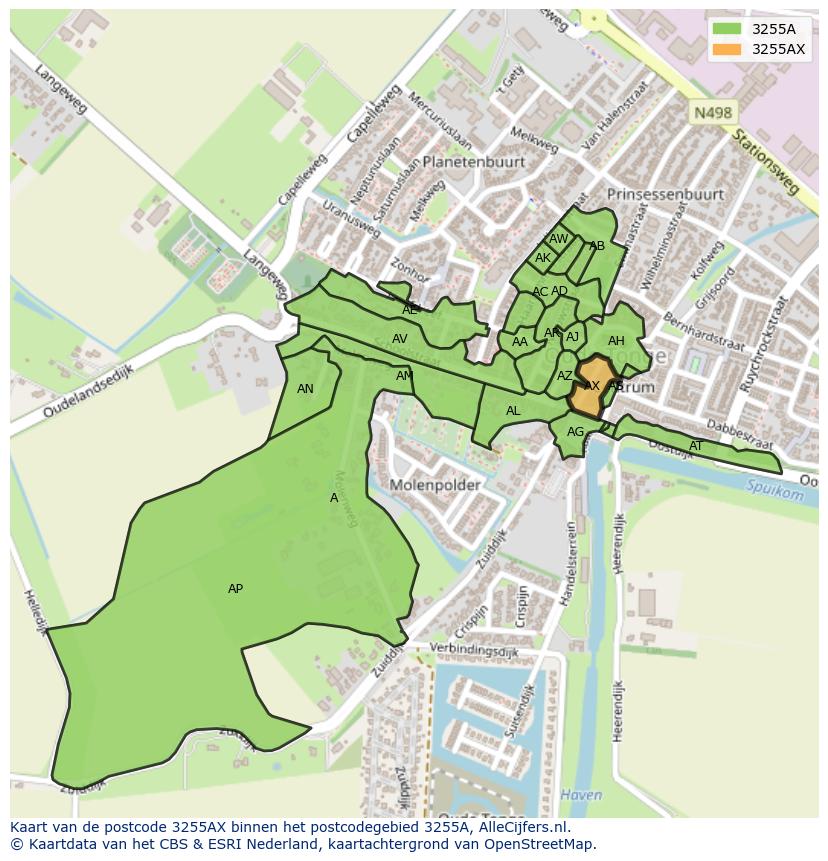 Afbeelding van het postcodegebied 3255 AX op de kaart.