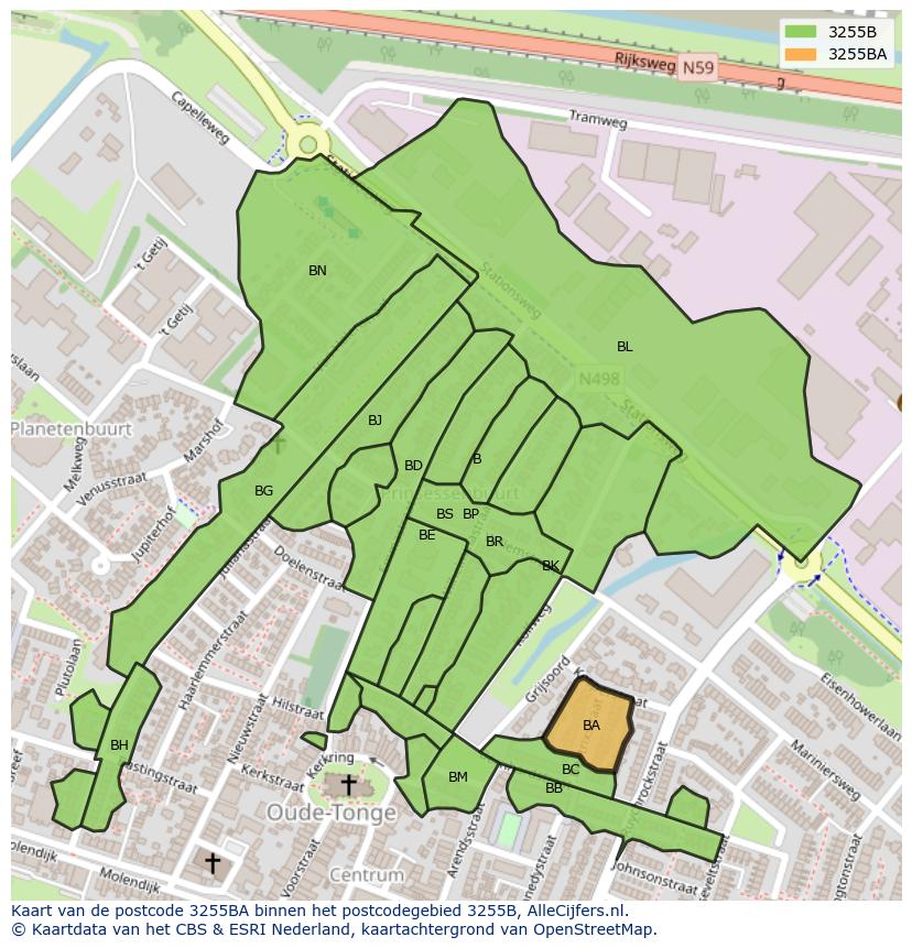 Afbeelding van het postcodegebied 3255 BA op de kaart.