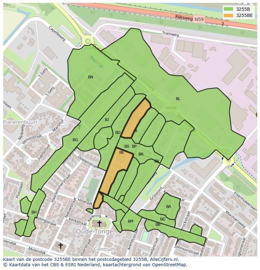 Afbeelding van het postcodegebied 3255 BE op de kaart.