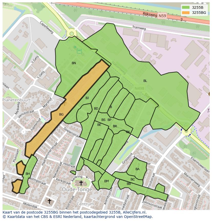 Afbeelding van het postcodegebied 3255 BG op de kaart.