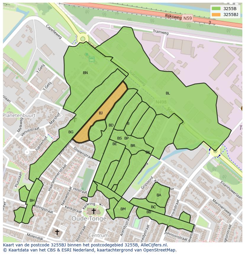 Afbeelding van het postcodegebied 3255 BJ op de kaart.