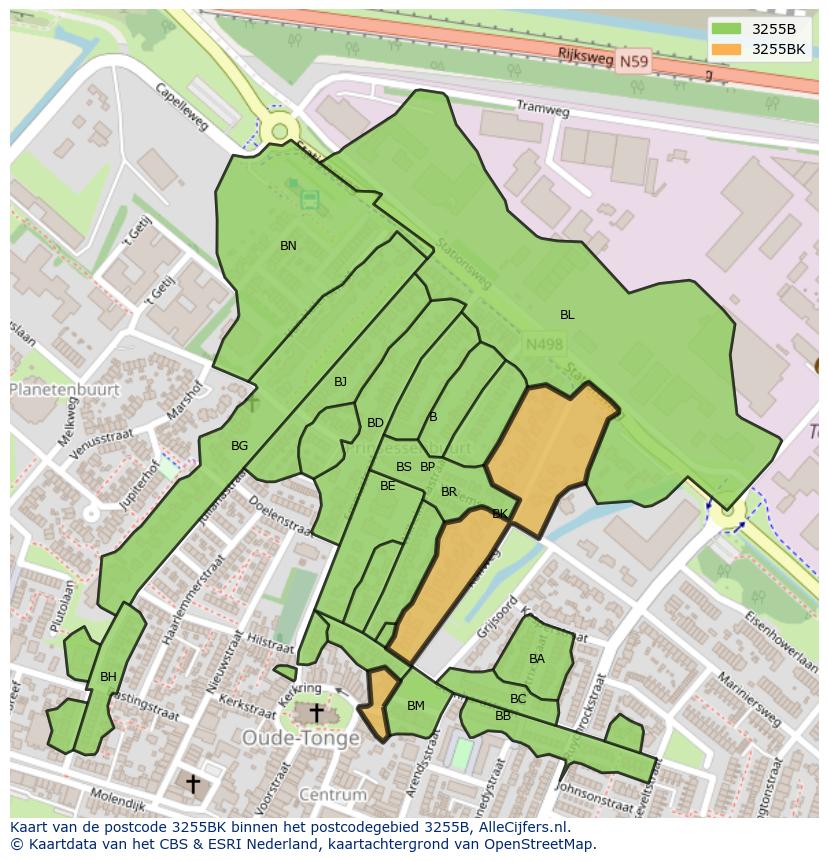 Afbeelding van het postcodegebied 3255 BK op de kaart.