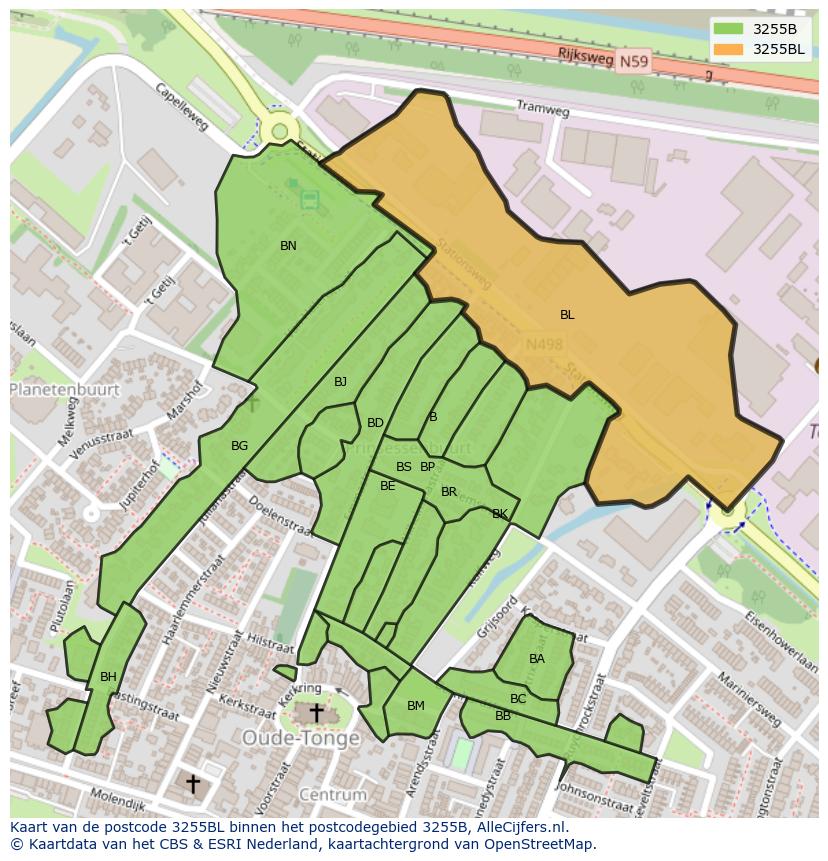 Afbeelding van het postcodegebied 3255 BL op de kaart.